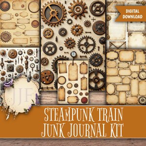 May include: A digital download featuring a steampunk-themed junk journal kit. The kit includes various paper elements with a vintage aesthetic, such as gears, tags, labels, and clock faces. The color palette consists of sepia tones, browns, and metallic accents.