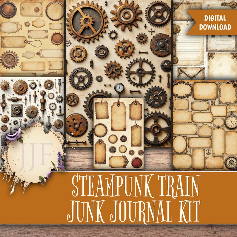 May include: A digital download featuring a steampunk-themed junk journal kit. The kit includes various paper elements with a vintage aesthetic, such as gears, tags, labels, and clock faces. The color palette consists of sepia tones, browns, and metallic accents.