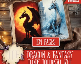 Dragon & Fantasy Junk Journal Kit | Epic Dragon Printable Pages + Ephemera | Magical Fantasy Journal