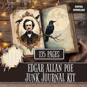 Può includere: Un libro aperto con illustrazioni di Edgar Allan Poe, corvi e una luna piena. Il libro ha 135 pagine ed è un download digitale. Il titolo "Edgar Allan Poe Junk Journal Kit" è visualizzato sotto.
