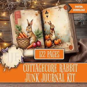 May include: A digital download of a Cottagecore Rabbit Junk Journal Kit. The open book features illustrations of rabbits with carrots and pumpkins. The cover has the text "122 Pages" and "Digital Download".