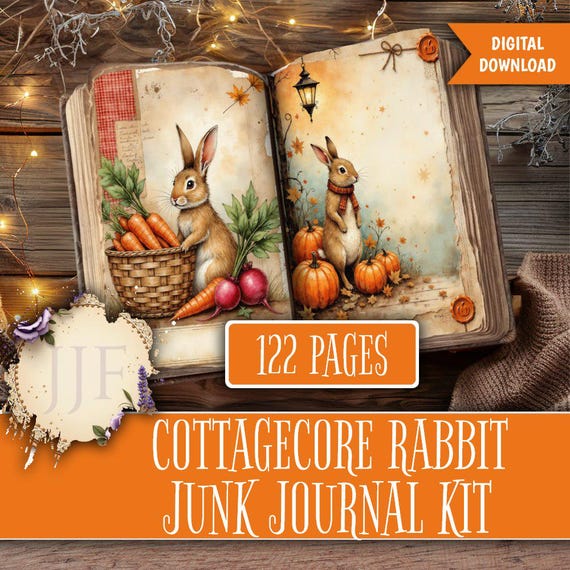 Cottagecore Rabbit Junk Journal Kit Printable | Country Garden Bunny Journal Pages, Vintage Farmhouse Ephemera Tags Cards Frames