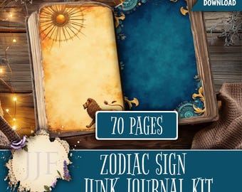 Zodiac Signs Junk Journal Kit | 70 Printable Pages + Ephemera | Vintage Celestial Printable Journal | Astrology Scrapbook Kit