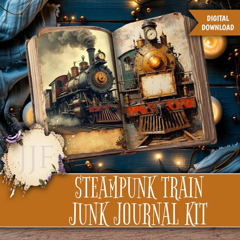 May include: An open book with two detailed illustrations of vintage steampunk trains. The trains are in shades of black, gold, and red, with visible smoke. The text "STEAM PUNK TRAIN JUNK JOURNAL KIT" is displayed on a brown banner.