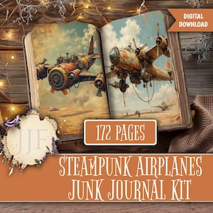 Könnte beinhalten: Offenes Buch mit Illustrationen von Steampunk-Flugzeugen. Die Seiten zeigen detaillierte Zeichnungen von Vintage-Flugzeugen mit mechanischen Elementen. Der Text "172 PAGES" und "DIGITALER DOWNLOAD" sind sichtbar. Der Titel "STEAMPUNK AIRPLANES JUNK JOURNAL KIT" ist ebenfalls angezeigt.