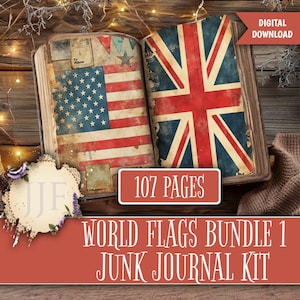 Skräpjournalspaket med världsflaggor, utskrivbara sidor med länders flaggor, scrapbookingpapper med världsflaggor, skräpjournalmaterial, papperspaket med geografi