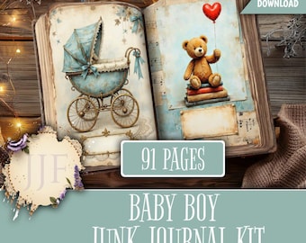 Baby Boy Junk Journal Kit Printable | Victorian Heirloom Nursery Journal Pages & Ephemera, Blue Teddy Moon Stars Carriage Cameo Tags Cards