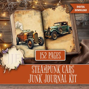 Steampunk Cars Junk Journal Kit Printable | Sci-Fi Steampunk Vehicle Journal Pages + Ephemera, Vintage Blueprint Collage, Pockets & Tags
