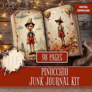 Può includere: Un kit di diario spazzatura di Pinocchio scaricabile digitalmente. Il libro aperto presenta illustrazioni di Pinocchio con pantaloncini e cappello rossi. Il testo "98 pagine" è visualizzato su uno striscione rosso. Sono visualizzate anche le parole "Pinocchio Junk Journal Kit".