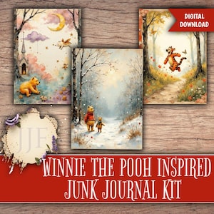 May include: A digital download junk journal kit featuring Winnie the Pooh illustrations. The kit includes three art prints with scenes of Pooh, Tigger, and a winter scene with Pooh and Piglet. The prints have a watercolor style with soft colors.