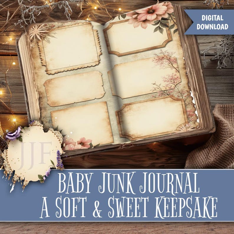 May include: Open vintage-style baby junk journal with six blank label spaces, adorned with floral and botanical illustrations. The journal is a digital download, perfect for creating a soft and sweet keepsake.