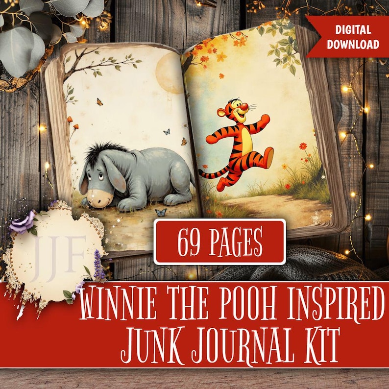 May include: An open book with illustrations of Winnie the Pooh characters, Eeyore and Tigger. The book has 69 pages and is a digital download. The title "Winnie the Pooh Inspired Junk Journal Kit" is displayed in a red banner.
