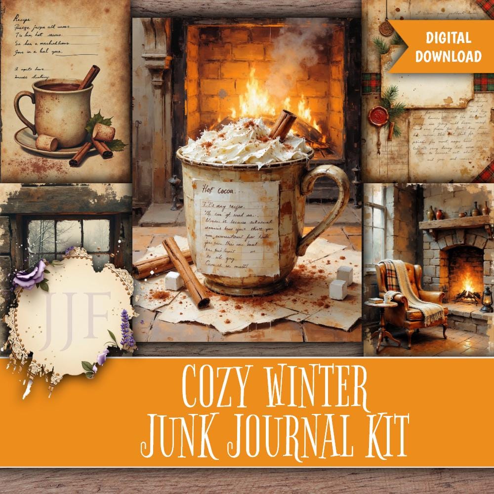 Cozy Winter Junk Journal Kit Printable | Cabin Fireplace Vintage ...