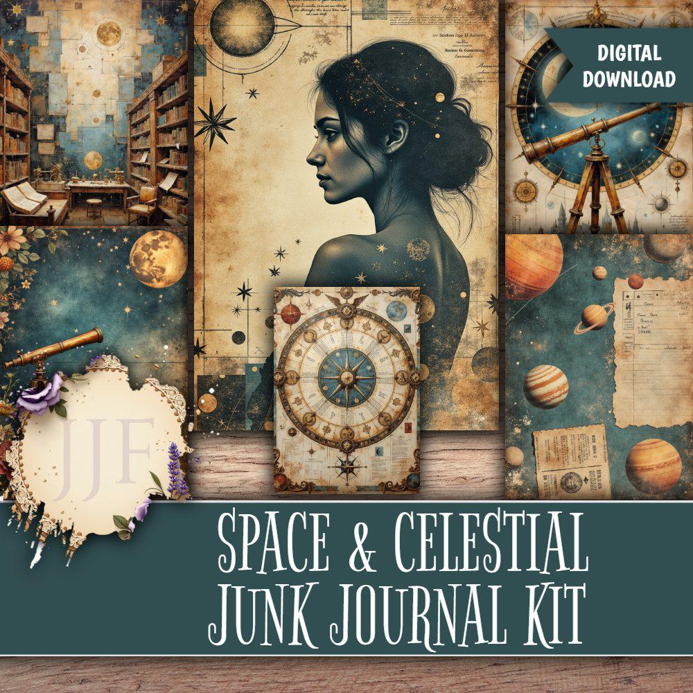 Space Journal Paper Celestial Junk Journal Kit | Space Printable Papers, Zodiac Ephemera ...