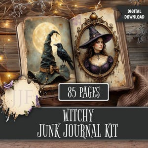 May include: A digital download of a witchy junk journal kit. The open book features illustrations of a witch's hat, a raven, and a portrait of a woman in a witch's hat. The text reads "85 pages" and "Witchy Junk Journal Kit."