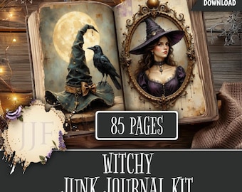 Puede incluir: Una descarga digital de un kit de diario basura de brujas. El libro abierto presenta ilustraciones de un sombrero de bruja, un cuervo y un retrato de una mujer con un sombrero de bruja. El texto dice "85 páginas" y "Witchy Junk Journal Kit".