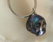 Black Pearl Skull on Silver Hoop Earring