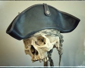 Slate Black Leather Pirate Tricorn Hat - Small