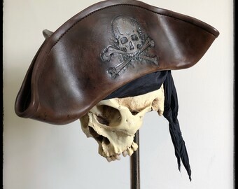 Brown Leather Pirate Tricorn Hat With Skull N Bones, Custom Sized. - Etsy