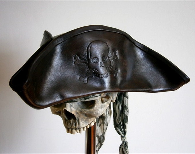 Leather PIRATE TRICORN HAT With Embossed Skull and Crossbones Larp - Etsy