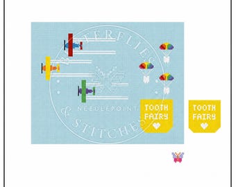 TANDFE Nålspets Digitalt Diagram - Flygplan - Plats för Namn i molnen, perfekt design för tandfékudde eller dörrhängare!