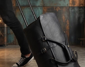Handmade Leather Rolling Duffle Bag Personalized Full Grain Weekender Travel Hold all on Wheels For Husband