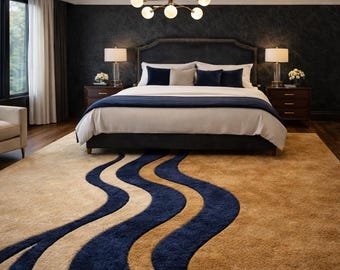 Alfombra de lana con mechones hechos a mano con diseño de ondas esculpidas, moderna y abstracta de lujo para sala de estar y dormitorio.