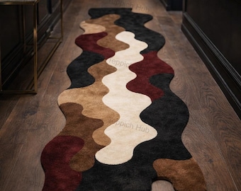 Alfombra de pasillo irregular, moderna, abstracta, de lana, con forma orgánica, color negro, marrón y burdeos, hecha a mano, 90 x 48 cm