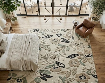 Alfombra floral 3D / Alfombra de lana tejida a mano / Alfombra con flores talladas en crema, verde salvia y beige / Decoración de lujo moderna y orgánica para sala de estar