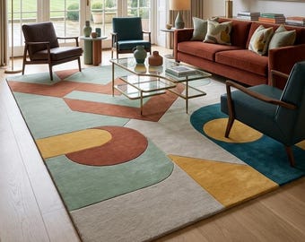 Alfombra geométrica abstracta tejida a mano en verde salvia, óxido y azul verdoso - Textura esculpida de estilo moderno de mediados de siglo - Decoración retro bohemia