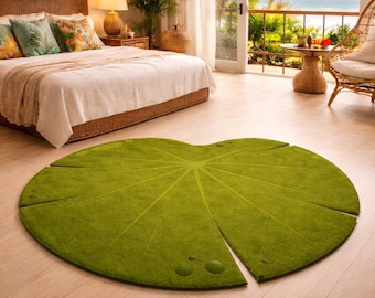 Lilienblatt Handgetufteter Grüner Wollteppich, Botanischer Naturteppich, Kinderzimmerdekor, Handgefertigter Designer Statementteppich