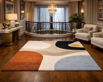 8x10ft Mid Century Modern Rug, Retro Abstract Area Rug, Vintage Inspired Living Room Decor