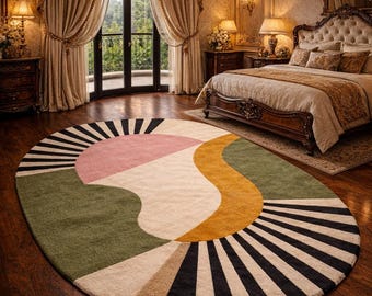 Alfombra moderna hecha a mano de 2,4 x 3 m / Alfombra ovalada abstracta para sala de estar y dormitorio de 2,7 x 3,6 m / Alfombra Art Déco de lujo