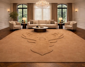 Alfombra de lana con mechones hechos a mano con diseño de ciervo, minimalista y neutra, personalizada con animales, decoración de lujo para sala de estar.