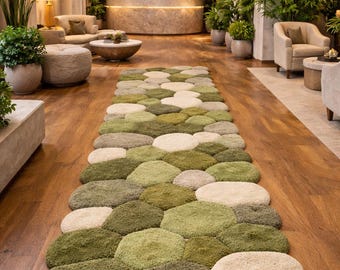Alfombra de lana tejida a mano con guijarros escultural en verde musgo y oliva: alfombra de diseño biofílico moderno