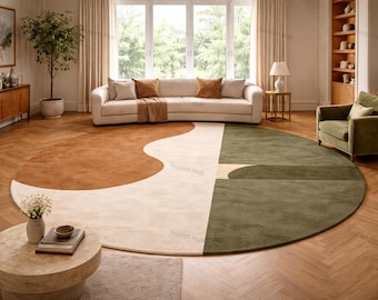 Tapis rond en laine tufté à la main, 10 x 10 pi, tapis géométrique rétro beige et vert olive, décoration de salon moderne milieu du siècle