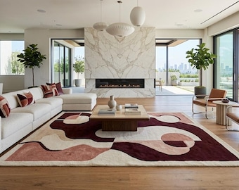 Alfombra abstracta ondulada tejida a mano en color burdeos y beige de 2,7 x 3,6 m (9 x 12 pies) - Decoración minimalista de gran tamaño para sala de estar.