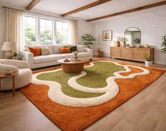 Alfombra de lana moderna abstracta de color naranja quemado, con mechones hechos a mano, de mediados de siglo, con forma orgánica 3D, de pelo alto y textura para decoración de sala de estar y dormitorio.