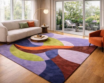 Alfombra de lana tejida a mano con diseño abstracto de olas de lavanda, alfombra moderna y colorida para sala de estar, alfombra extragrande