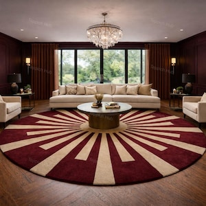 2,4 x 2,4 m lyxig vinröd beige solstrålematta - matta i art déco-stil | 2,4 x 2,4 m iögonfallande matta för vardagsrum eller lounge