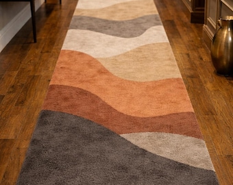 Tapis de passage en laine tufté main ondulée | Chemin de chevet et d'entrée abstrait Mid-Century, décoration de luxe moderne brun orange