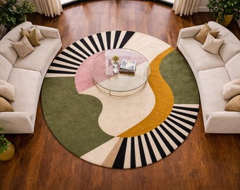 Alfombra redonda de lana geométrica retro de 1,5 x 1,5 m / Alfombra circular colorida tejida a mano / Decoración moderna de mediados de siglo para sala de estar