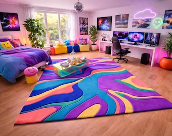Tapis abstrait coloré tufté à la main, 9 x 12 pi - Tapis décoratif ondulé dopamine vibrante de conception psychédélique