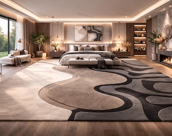 Alfombra de lana con mechones hechos a mano en gris topo crema de 3 x 4,2 m – Moderna alfombra neutra de lujo con relieve 3D abstracto para sala de estar grande