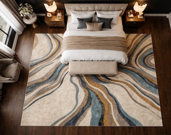 Alfombra abstracta moderna, alfombra de lana tejida a mano, diseño ondulado para sala de estar y dormitorio, alfombra de diseñador hecha a mano.