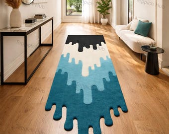 Tapis de passage irrégulier en laine tufté à la main - Design abstrait goutte à goutte bleu canard noir ivoire, tapis de couloir moderne, tapis de décoration d'intérieur scandinave artistique