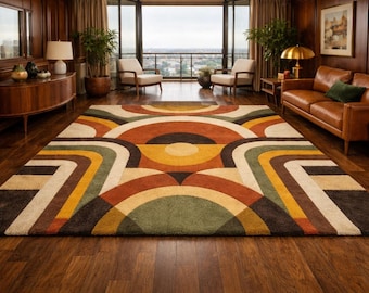 Tapis moderne touffeté fait main du milieu du siècle - Tapis géométrique rétro, décor bohème de style années 70