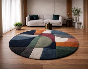 Alfombra circular retro geométrica de 1,5 x 1,5 m con mechones hechos a mano para sala de estar / Decoración moderna de mediados de siglo