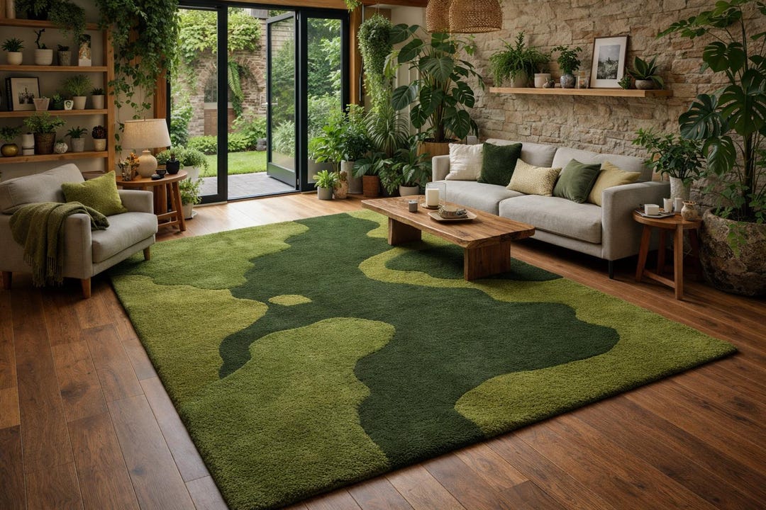 Moss Green Hand Tufted Abstract Area Rug, Modern Organic Pebble Carpet ...