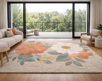 Alfombra de lana moderna de mediados de siglo con flores pastel, hecha a mano, estilo bohemio, estilo vintage artístico para dormitorio.